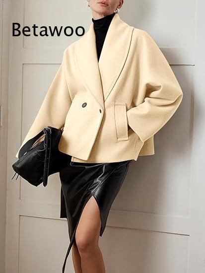 Wool Blend Coat - Abrigo Corto Cruzado para Mujer con