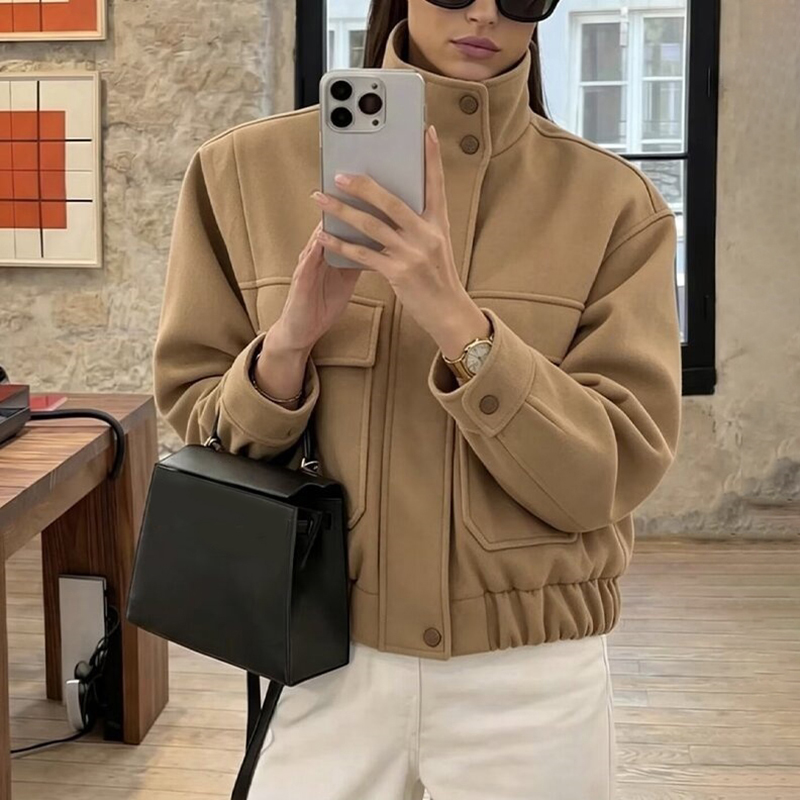 Wool Blend Coat - Chaqueta de Piloto Minimalista para Mujer,