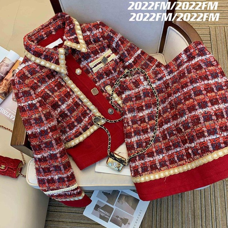 Winter Clothing Matching - Traje rojo de Tweed elegante para